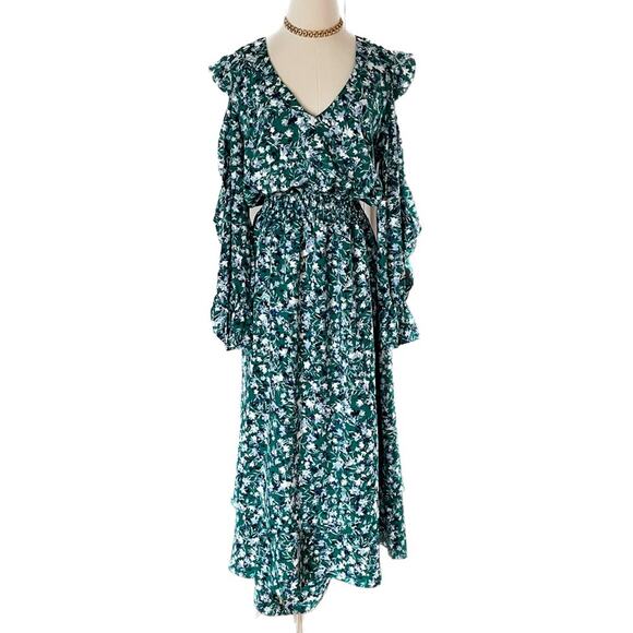 MISA Los Angeles Floral Ruffle Open Sleeve Tiered Maxi Dress green size medium M - Picture 2 of 8